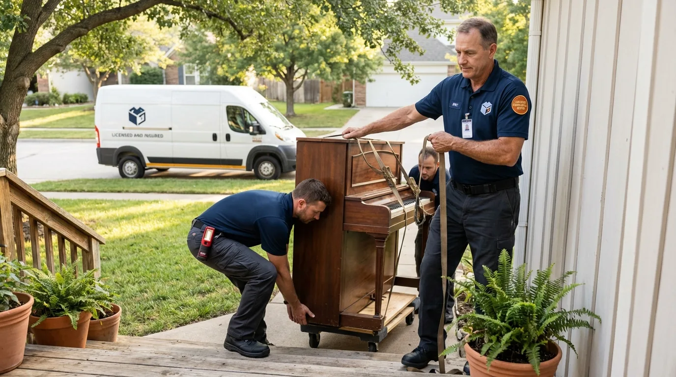 Licensed piano movers securing grand piano in Mukilteo, WA