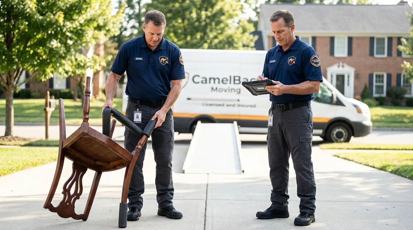 Movers inspecting furniture for damage prevention before loading in Mukilteo, WA